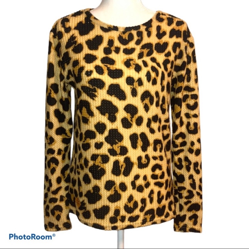 Simply Southern Leopard Top Waffle Knit Yellow Brown Black Medium New